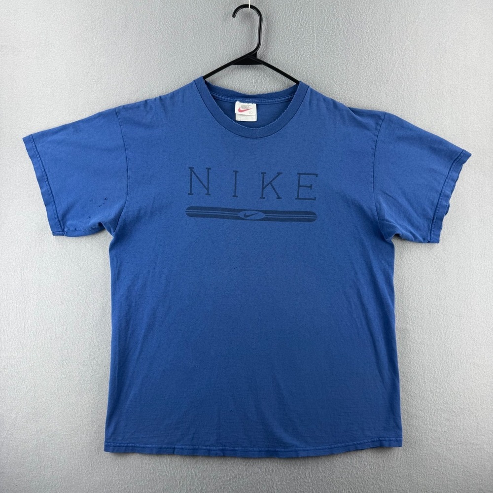 Vintage Nike T Shirt Mens Large Blue Made in‎ USA 90s Tee Spellout White Tag